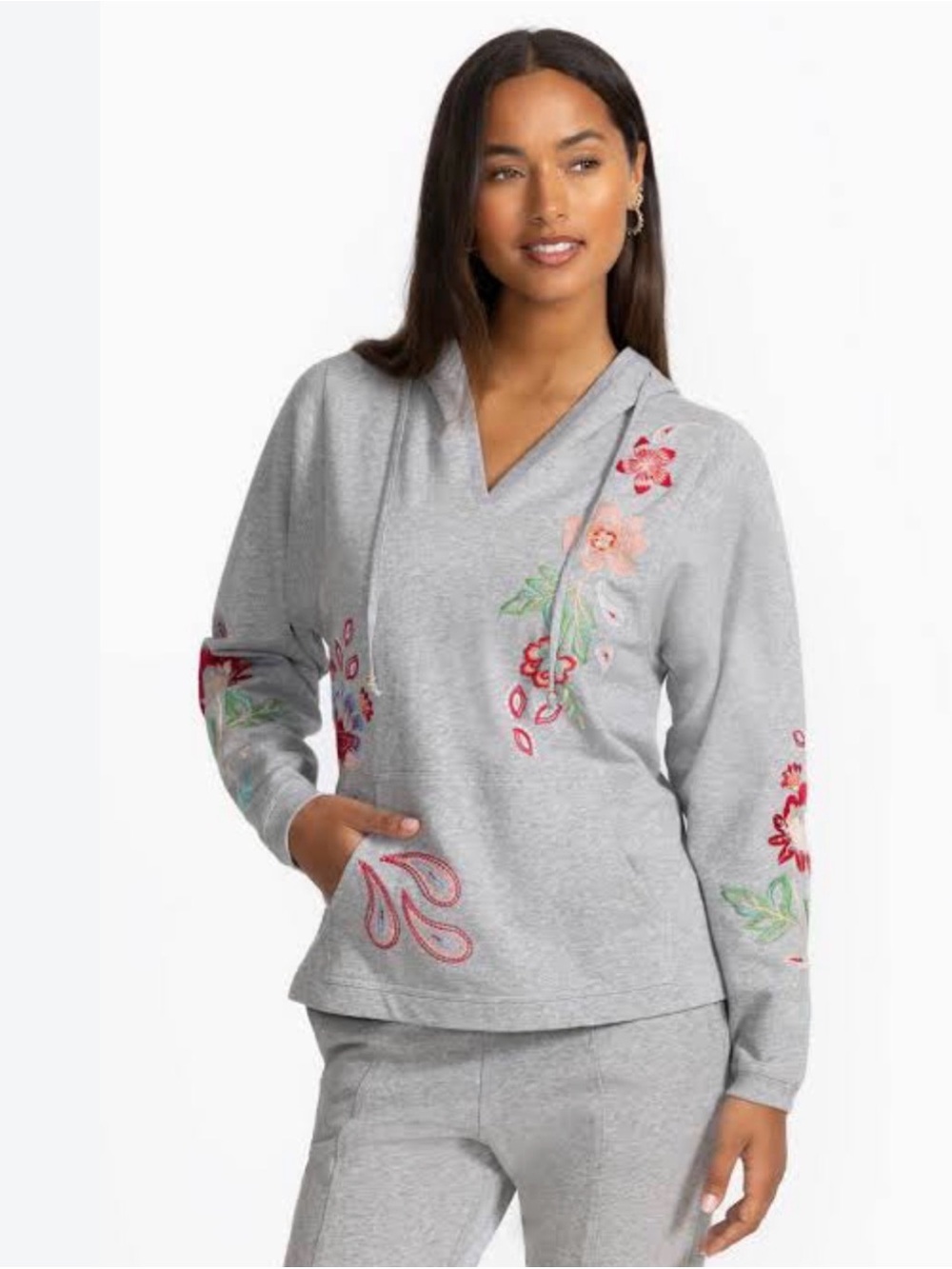 Johnny Was French Terry Hoodie with Colorful Floral Embroidery S